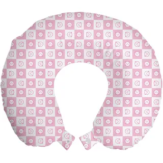 ABAKUHAUS Kariert Reisekissen Nackenstütze, Lustige Piggy Faces, Schaumstoff Reiseartikel für Flugzeug und Auto, 30x30 cm, Baby-Rosa-Pink-Weiß - Rosa