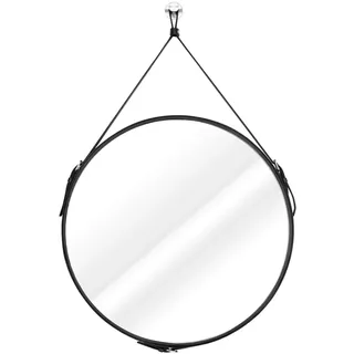 Homede Spiegel Wandspiegel 50 cm Kunstleder Wanddeko Deko Riemen zum Aufhängen Esha schwarz rund