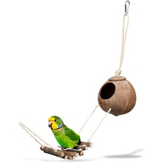 Relaxdays Vogelspielzeug, Holzleiter, Kokosschale, Vogelkäfig Zubehör für Wellensittich, Kanarienvogel, Vogelnest, Natur, 1 Stück