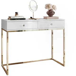 Lookway Konsole Blanco mit Schubladen Gold Chrom Weiß Hochglanz Kristallgriff , Holzwerkstoff , 100x81x42 cm , Wohnzimmer, Wohnzimmertische, Konsolentische