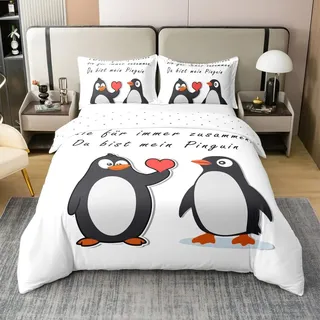 Loussiesd Pinguin 100% Baumwolle Bettwäsche Set 135x200cm Cartoon Pinguin Bettbezug Lustiges Tier Gedruckt Betten Kawaii Nettes Polartiermuster Bettbezug Kinder Jungen Mädchen Bettwäsche-Set