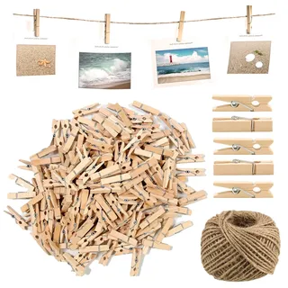 MDDK DY 200 Stück Mini Holzklammern 3,5 cm mit 30 m Juteschnur – Kleine Wäscheklammern aus Holz zum Aufhängen von Fotos, Postkarten, Kleidung & für DIY-Dekoration