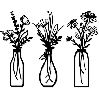 SUNAIAD Wanddeko Metall Schwarz Blumen Küche Wanddekoration, 3 Stück Bunte Wanddekoration Wohnzimmer Schlafzimmer Küche Flur, Moderne Wandkunst Badezimmer Schlafzimmer Dekorationen