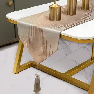 Fullony Champagnerfarbener Tischläufer mit wunderschöner Stickerei, Vintage, Dicker Stoff, abstrakt, gestreift, Tischläufer für Zuhause, Wohnzimmer, Schlafzimmer, Esszimmer, Kunst, Dekoration, Urlaub