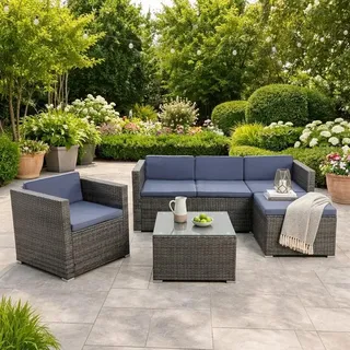 Rattan Lounge Sitzgruppe Gartenmöbel Set Sofa Couch 5-Sitzer Rattanmöbel Grau - Grau