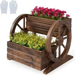 COSTWAY Blumenkasten mit Wagenrad, Hochbeet Holz, Pflanzkübel mit 2 Etagen & Ablauflöchern, Blumenbeet Gartenbeet, rustikal, Deko (46 x 44 x 35 cm) - Braun