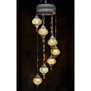 Hanglamp aus buntem Glas-Mosaik, orientalische Kronleuchter mit 7 Kugeln, handgefertigt in der Türkei, cremeweiß - Bunt