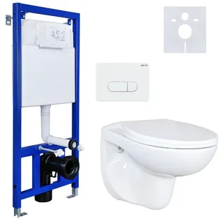 Belvit Hänge WC Komplettset Weiß Spülrandlos | Basic Vorwandelement, Toilettendeckel mit Absenkautomatik, Betätigungsplatte, Schallschutz