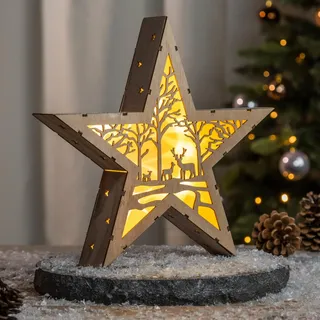 LED Weihnachts Stern aus Holz 30 cm - Motiv: Wald - Deko Aufsteller warm weiß beleuchtet - Weihnachten Advent Winter Stern Tisch Deko Beleuchtung Batterie betrieben