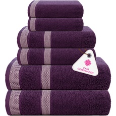 Casa Copenhagen Solitaire 6-teiliges Handtuch-Set – Dunkelviolett, 600 g/m2. 2 Badetücher, 2 Handtücher, 2 Waschlappen aus weicher ägyptischer Baumwolle für Badezimmer, Küche und Dusche