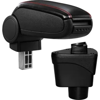 [pro.tec]® Mittelarmlehne Passgenau - Schwarz mit roten Nähten - Fahrzeugspezifisch Armauflage mit Staufach - gepolstert Kunstleder