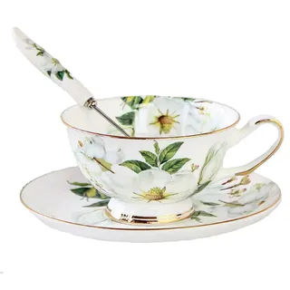 SudaTek Teeset aus feinstem Porzellan mit Goldrand im Alten Stil, bestehend aus Tasse, Untertasse und Löffel mit Geschenkverpackung; Tischkultur und Tischdekoration White Camellia