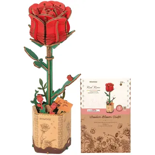 rowood 3D Puzzle Rote Rose, DIY-Blume Aus Holz, Modellbausätze Für Künstliche Blumen Zum Zusammenbauen Für Erwachsene, Beste Heimdekoration Und Valentinstags-Spielzeug-Geschenkset
