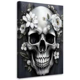 Feeby Wandbild totenkopf mit weißen blumen , Grau , Textil , Planet/Universum , Rechteckig , 70x100 cm , Bilder & Rahmen, Bilder, Leinwandbilder