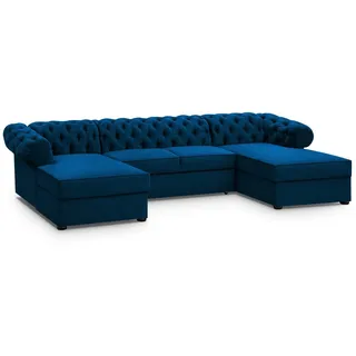 beautysofa CHESTER U – U-Form Ecksofa im Chesterfield Stil, Stoff Kronos 09 Marineblau, mit Schlaffunktion & Bettkasten, Materialknöpfe - Blau/Marine