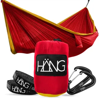 HÄNG XXL Hängematte 300 x 170 cm Outdoor für 2 Personen - Wetterfest & Ultraleicht (850 g), 200 kg Belastbarkeit - aus Fallschirmseide für Camping, Reise & Garten inkl. Befestigungsset - Bordeaux/Gold