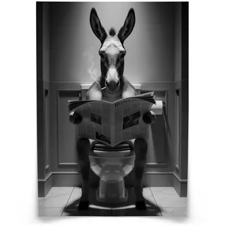 Muralo Poster für Badezimmer WC Esel mit Zeitung auf Toilette Abstraktion 30x40cm , Weiß, Grau, Schwarz , Papier , Tiere, Abstrakt , Rechteckig , 30x40x1 cm , Bilder & Rahmen, Bilder, Sonstige Wandbilder