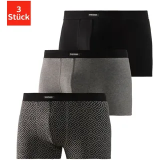 Boxer BRUNO BANANI "Boxershorts für Herren", Herren, Gr. M, 3 Stk., schwarz (bedruckt, schwarz, grau, meliert), Jersey, Obermaterial: 92% Baumwolle, 8% Elasthan (LYCRA), gemustert, unifarben, körpernah, Unterhosen Boxer, 1x mit modischem Druck