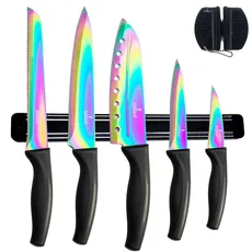 SiliSlick Messerset, 5 Scharfe Küchenmesser als Set | Titanbeschichtung mit Regenbogeneffekt, Inklusive Magnetleiste für Messer und Messerschärfer (Schwarzer Griff | Schwarze Leiste)