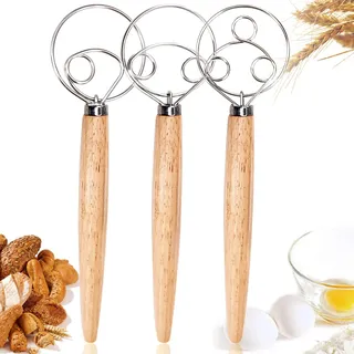 3 Stück dänische Teig Schneebesen, Kalolary Premium Schneebesen mischen zum Backen in der Küche Holzgriff Edelstahl Manuelle Teigmischung Brotkuchenherstellung (3 Größen inbegriffen)