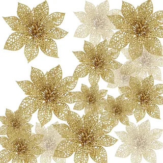 EnixwH 24 Stück Blumen Weihnachtsbaum, Blumen für Weihnachtsbaum Glitzer, Weinachtsdekorationen Baum Künstlich Weihnachtsblumen Künstlich für Hochzeit Party Neujahr Wohndeko (Gold)