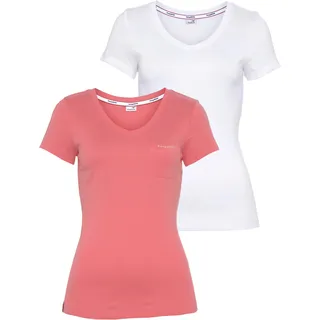 V-Shirt KANGAROOS, Damen, Gr. 48/50, pink (pink, weiß), Rippware, Obermaterial: 100% Baumwolle. Obermaterial weiß: 100% Baumwolle, kontrastfarbene Details, unifarben, Basic, sehr figurbetont hüftbedeckend, V-Ausschnitt, Shirts V-Shirt, Kurzarm, figurbetonter Schnitt, aus Baumwolle, im 2er-Pack, Topseller