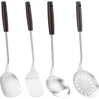FJNATINH Wok Utensil-Wok Spatula,Wok LöFfel,Wok SchaumlöFfel And Schlitz Spatel Set, KüChenhelfer Set Edelstahl, With Long Heat-Resistant Wooden Handle