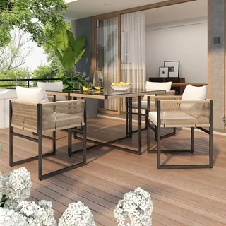 Merax Gartenmöbelset Seil für 4 Personen, 5-tlg. Garten-Essgruppe mit 4 Sessel und Esstisch, Gartenlounge Set Balkonmöbel mit Metallrahmen und Kissen - Beige