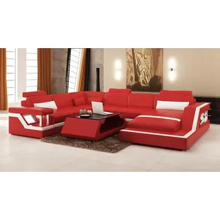 Design Leder Wohnlandschaft Eck Sofa Moderne Garnitur Couch Ecke Rot USB + LED - Rot