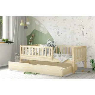 LEA BIS Kinderbett mit Zaun-Schutzgitter Kiefer Holzbett Schublade Schubkasten Klarlack 70x140 - Naturbelassen