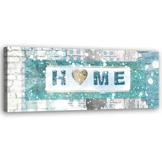 Feeby Wandbild türkis home schriftzug , Blau , Textil , Sprichwort/Zitat , Rechteckig , 90x30 cm , Bilder & Rahmen, Bilder, Leinwandbilder