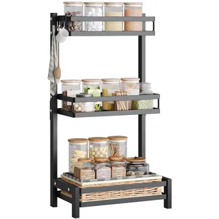 NETEL Multifunktional Gewürzregal Stehend, 3 Etagen Regal Küche Gewürzregal, Küchenregal Organizer für Arbeitsplatte Aufbewahrung mit 4 Haken,Verstellbare Füße, für Esszimmer, Küchen, Badezimmer