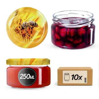 KADAX 10st Einmachgläser 250 ml, Marmeladengläser mit Twist-Off Deckel fi82, Dessertgläser, Luftdicht & Spülmaschinenfest, Dickwandiges Glas, Auswahl an Schraubverschlüssen (Biene)