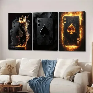 TROYSINC 3er Bilder Set Poster – Black Jack A Flammen Triptychon, Industrielle Deko für Gaming Room & Bar, Schwarze Spielkarte Wandbild für Wohnzimmer & Studio (50x70cm)