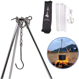 Rayeeley Tragbares Mini-Campingstativ, Lagerfeuer, Kochen, Dutch Oven Stativ, Verstellbares Stativ, Herd, Lagerfeuer, Grillständer, Stativ-Set, Kochen, Laterne, Hängender Topflappen