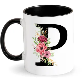 Keramik Tasse mit Buchstabe und Blumen, Kaffeetasse mit Alphabet, Geschenke für Frauen, Mama, Freundin, Lieblingsmensch, Verliebte Erwachsene Kolleginnen Taufpatin zum Geburtstag, Muttertag (P)
