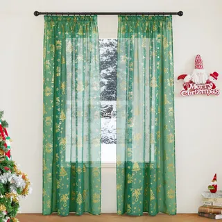 PONY DANCE Weihnachts Vorhänge Wohnzimmer Kräuselband Gardinen Transparent H 245 x B 140 cm Weihnachtsgardinen Durchsichtig Dunkelgrüne Gardinen mit Goldernem Muster für Schienensystem