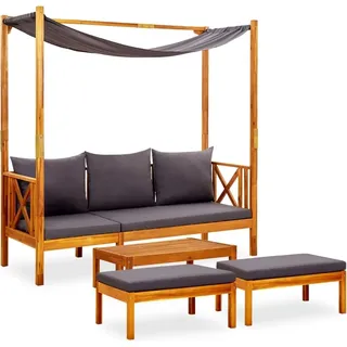 Gartenbank mit Tisch & Fußhockern Massivholz Akazie - Braun, Dunkelgrau