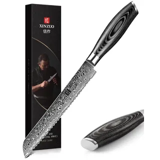 XINZUO 67 Schichten Damaststahl Profi 20cm Brotmesser -Pakkaholz Griff | scharfes und haltbares gezacktes Messer Tortenmesser Küchenmesser mit Geschenkbox-geeignet für alle Arten von Brot und Kuchen