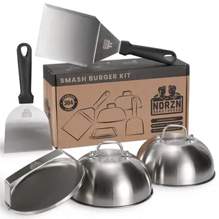 Smash Burger Set – Burger Smasher Set inkl. Hamburgerpresse, Burgerglocke Edelstahl 304, Grillspachtel Edelstahl Plancha Smashed Burger Presse, Smashburger Set, lebensmittelecht, 10 Jahre Garantie