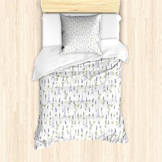 ABAKUHAUS Eiffel Mantele, Lavendel-Flora Frühling, Milbensicher Allergiker geeignet mit Kissenbezügen, 135 cm x 200 cm - 80 x 80 cm, Lavendel, Grün, Weiß - Grün