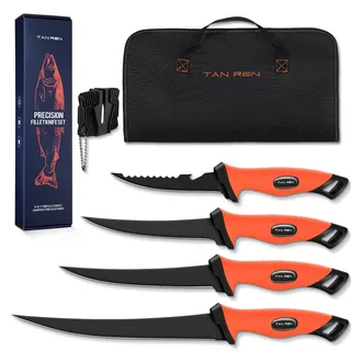 TAN REN Filetiermesser Fisch Set, Fischmesser mit Anti-Rutsch-Griff, Filetiermesser Fleisch Set mit Mit Tasche und Messerschärfer, Full Tang Angelmesser Outdoor-Messer, Geschenk für Männer