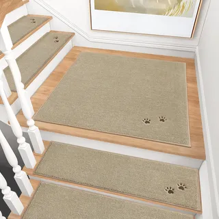 BEQHAUSE Treppeneckmatten Stufenmatten Innen rutschfest, 76X76cm, Beige | Maschinenwaschbare Treppenteppich für Kinder, Älteste und Haustiere, 100% Polyester TPE -Rücken, Einfache Montage