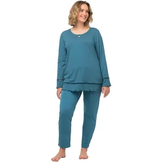 Ulla Popken Damen Pyjama, Hohlsaum, Wellenkanten, Rundhals, Langarm Schlafanzüge, Petrol, 46-48