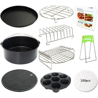23CM Heißluftfritteuse Zubehör XL 10 Stück mit Cupcake-Pfanne, Pizzapfanne, Silikon-Backbecher, 100 Stück Pergamentpapier für 5,3 Qt - 6,8 Qt Instant Pot