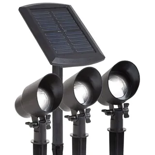 Maximus 3x LED Solarstrahler im Paket mit externem Solarpanel, 15 lumen je Strahler und Erdspieße