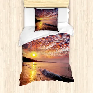ABAKUHAUS Landschaft Mantele, Dämmerung am Strand Meer, Milbensicher Allergiker geeignet mit Kissenbezügen, 135 cm x 200 cm - 80 x 80 cm, Orange Mauve Blau - Blau
