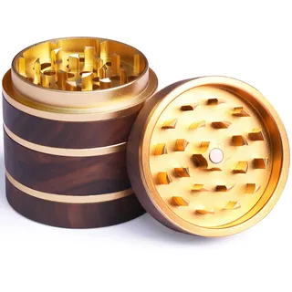 HOKHIM Holz Gewürzmühle 4-teilig mit Pollenfänger – Tragbare Kräutermühle mit magnetischem Deckel, Edelstahl-Sieb & Aluminiumkern, Ø 63 mm für getrocknete Kräuter und Gewürze - Gold
