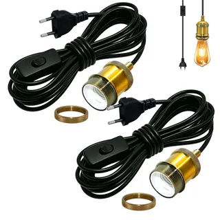 Vintage Messing Hängelampe mit Stecker in Kabel 5M, 2 Stück Schwarz Runden Kabel Pendelleuchte Kit, Industrielle Hängeleuchte mit Schalter, Retro Gold Kupfer E27 Fassung, für Loft, Ohne Glühbirne