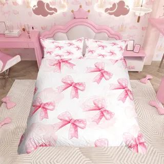 Loussiesd Schleifen Bettwäsche Mädchen 135x200cm Schöne Schleife Bettbezug Cartoon Bow Muster Prinzessin Betten Traumhaft Nette Kinder Kawaii Atmungsaktiv Bettwäsche-Set